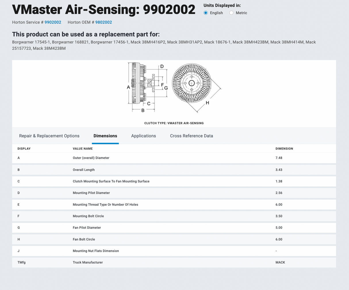 Mack EM7 / E7 Horton VMaster Air-Sensing Fan Clutch Part