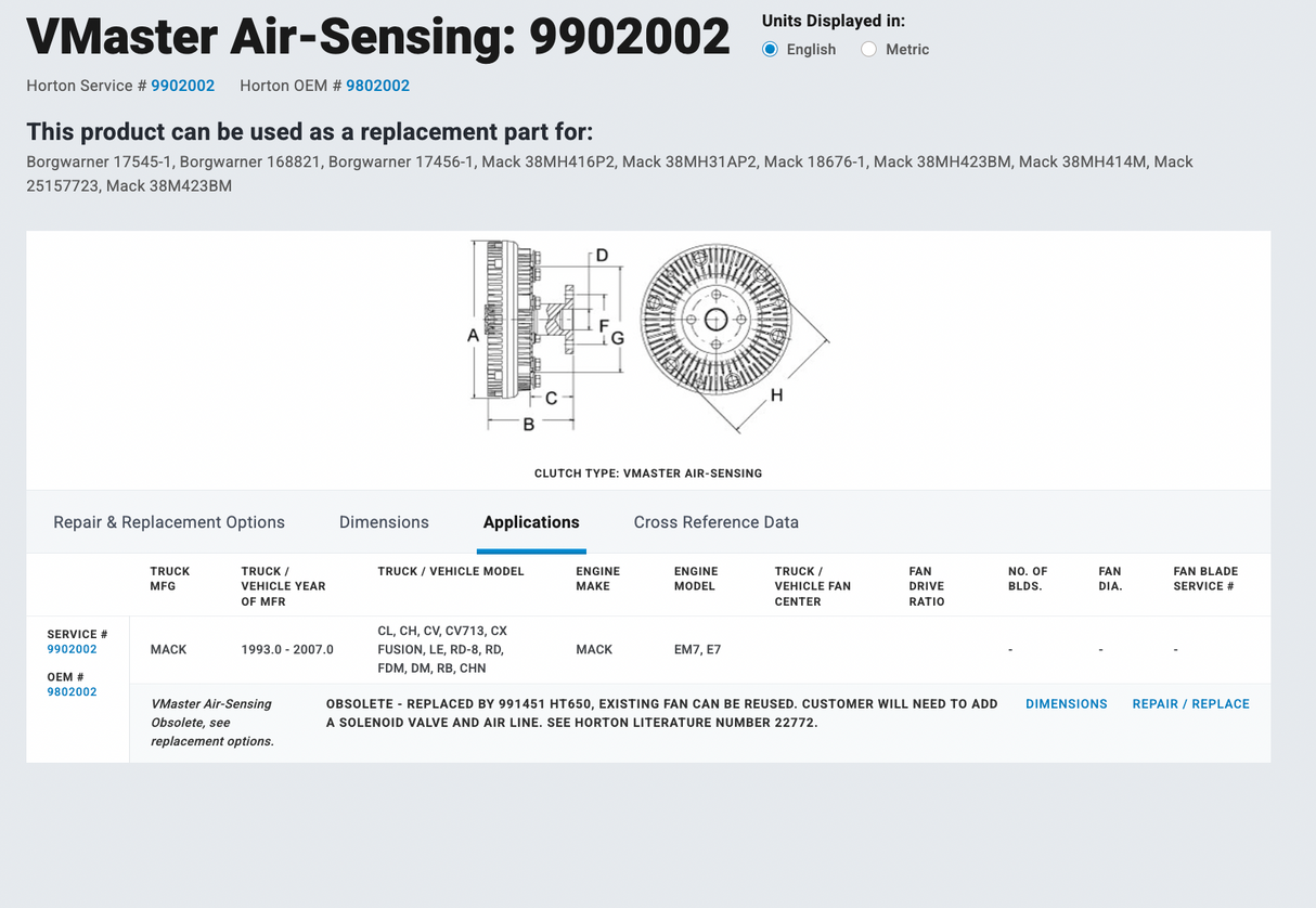Mack EM7 / E7 Horton VMaster Air-Sensing Fan Clutch Part