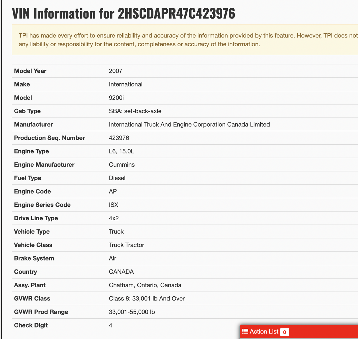 2007 INTERNATIONAL 9200I SBA CAB