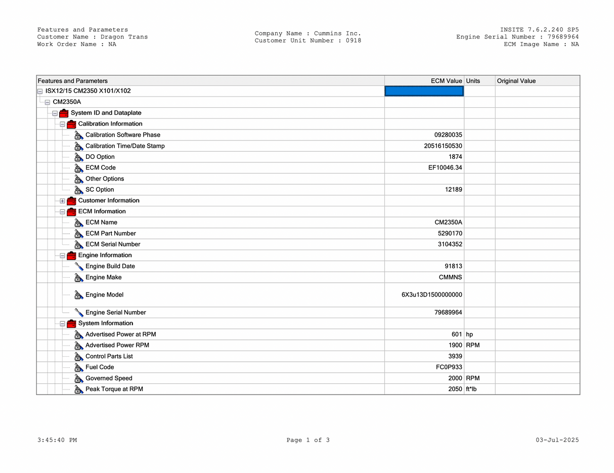 2013 Cummins ISX12 / ISX15 Engine Control Module (ECM) Part # 5290170, CM2350 x101