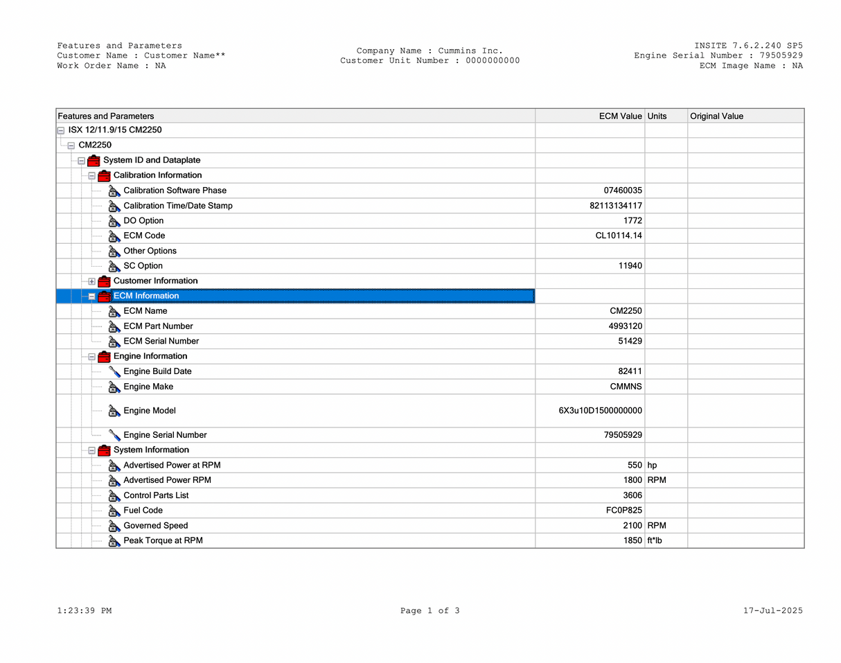 2011 Cummins ISX15 525 Engine Control Module (ECM) Part # 4993120, CM2250