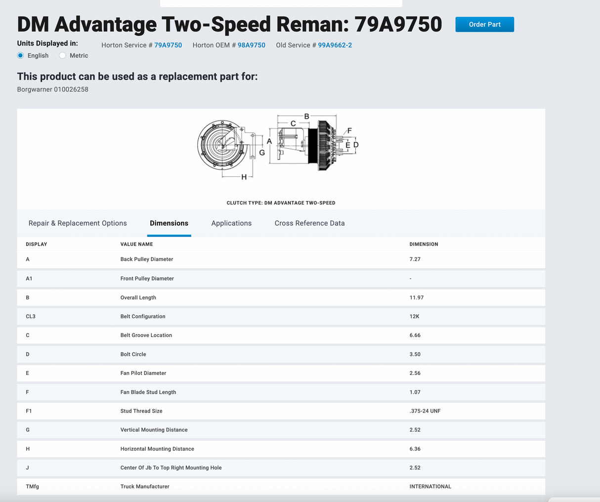 Cummins ISX15 2-Speed Horton Fan Clutch Part # 98A9750, Pulley Part # 601577