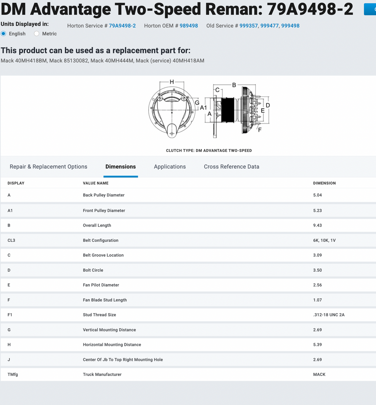 Mack AMI-370 Horton Fan Clutch Part # 79A9498-2, Mounting Base Part # 601713