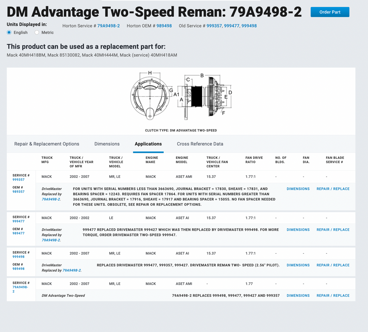 Mack AMI-370 Horton Fan Clutch Part # 79A9498-2, Mounting Base Part # 601713