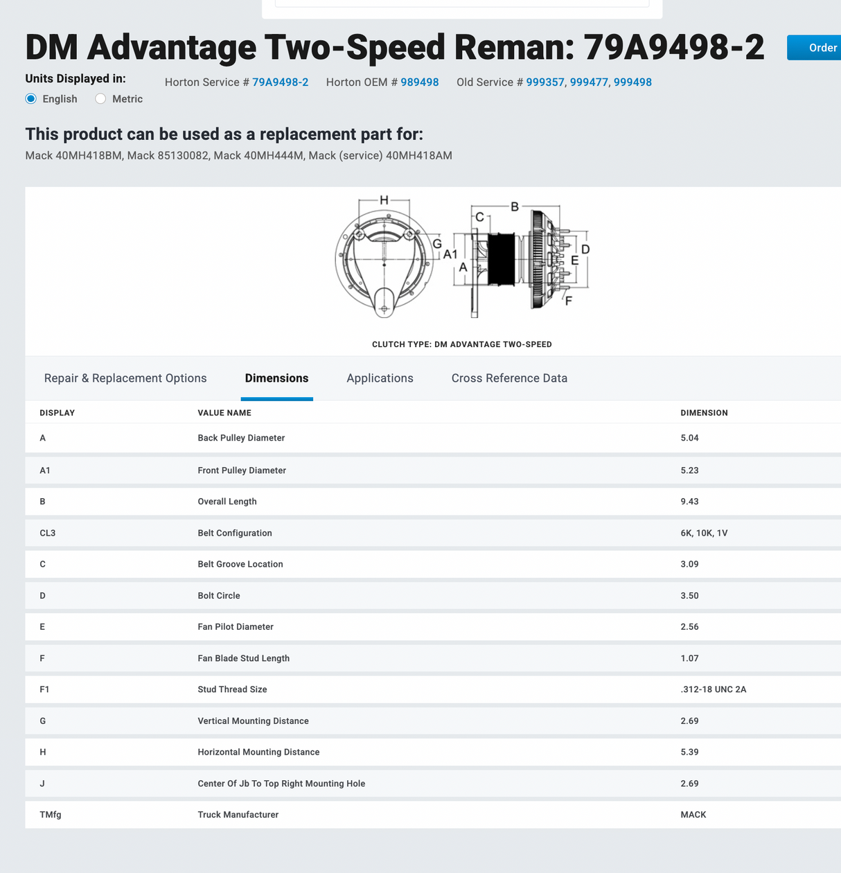 Mack ASET Fan Clutch for 2002-2007 Part # 79A9498-2, Mounting Base Part # 601741