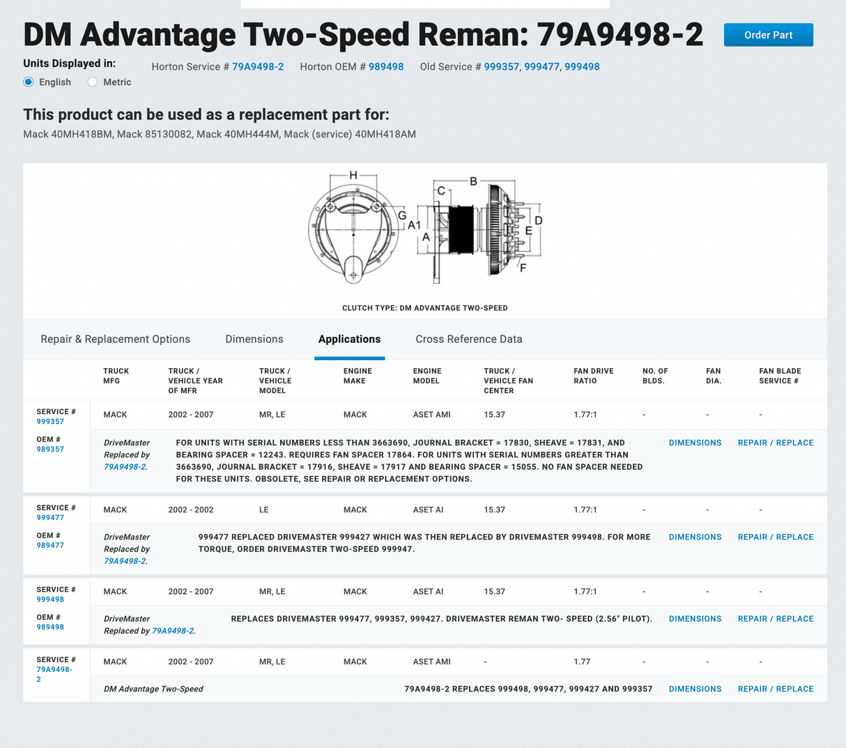 Mack ASET Fan Clutch for 2002-2007 Part # 79A9498-2, Mounting Base Part # 601741