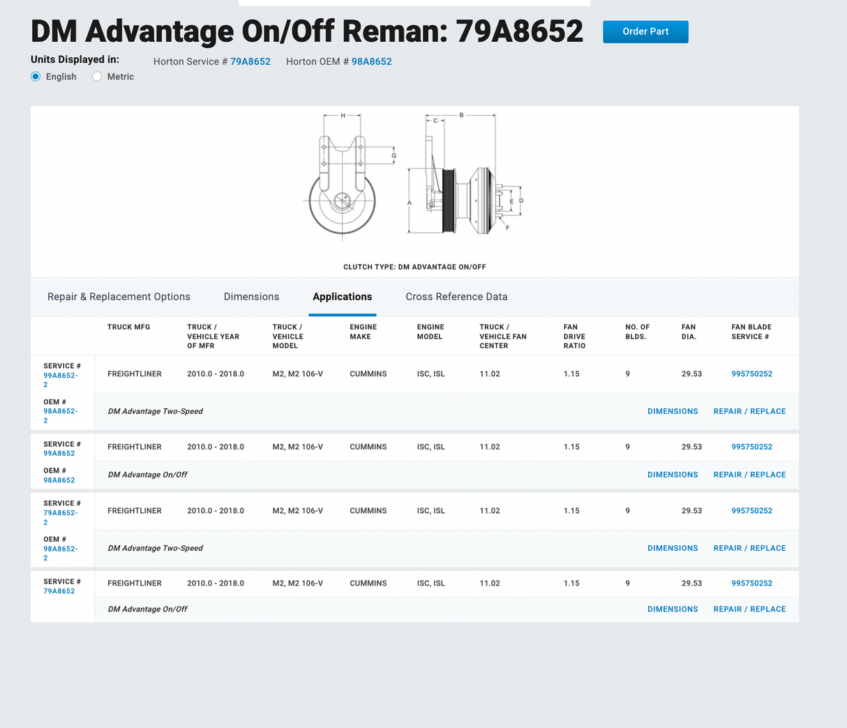 Cummins ISL9 Horton 2-Speed Fan Clutch Part # 98A8652, Mounting Base P/N 602073, Pulley P/N 601834