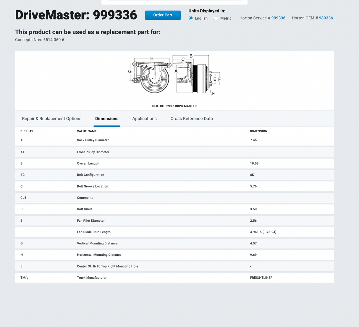 2004 Mercedes MBE4000 Horton DriveMaster Fan Clutch P/N 999336, Base P/N 601721, Pulley P/N 601722