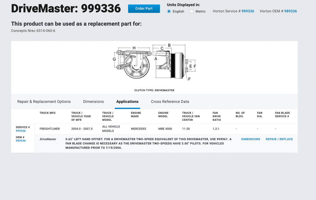 2004 Mercedes MBE4000 Horton DriveMaster Fan Clutch P/N 999336, Base P/N 601721, Pulley P/N 601722