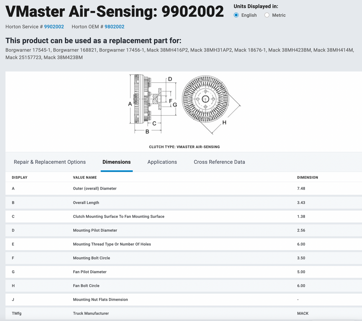 Mack E7 ETech VMaster Air-Sensing Fan Clutch Assembly Part # 38MH423BM