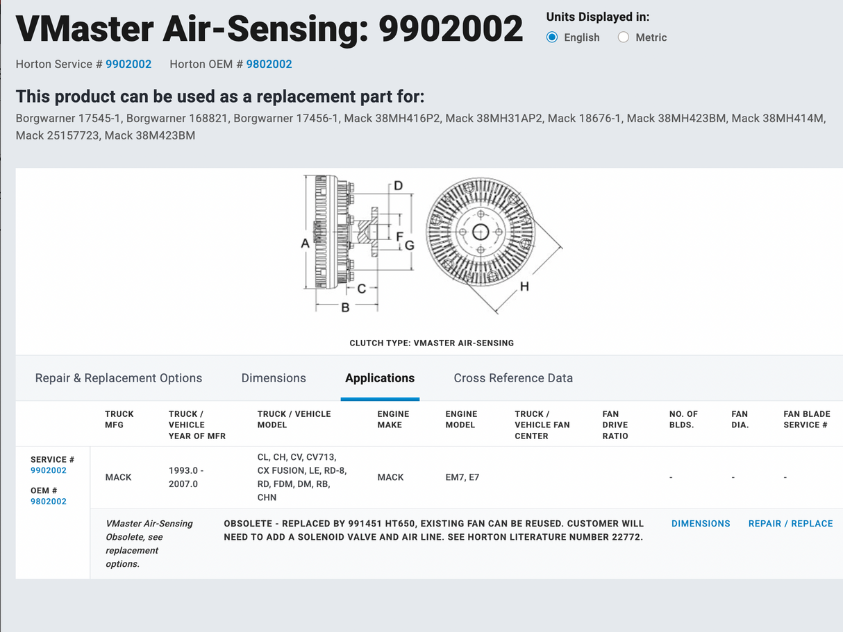 Mack E7 ETech VMaster Air-Sensing Fan Clutch Assembly Part # 38MH423BM