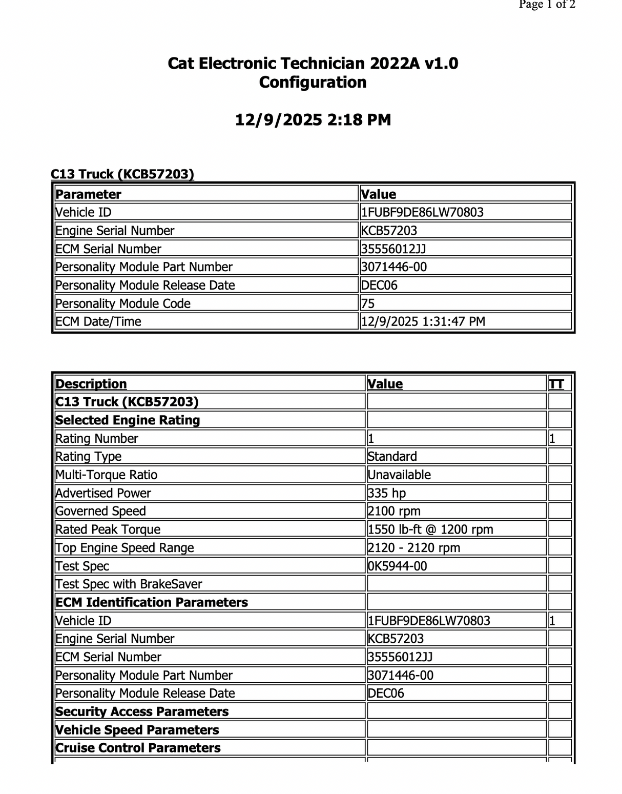 2006 Caterpillar C13 ACERT 70-PIN Engine Control Module (ECM), KCB-PREFIX