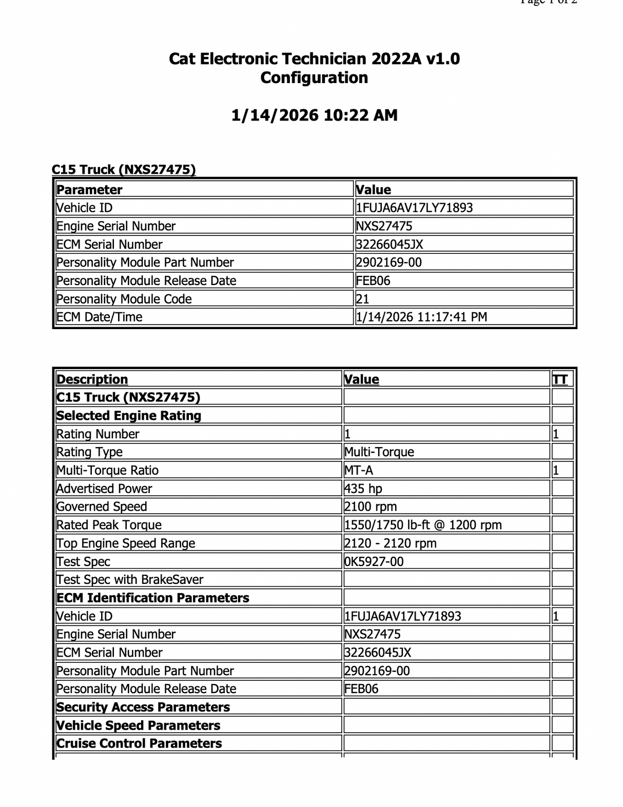 CATERPILLAR C15 ACERT 120-PIN Engine Control Module (ECM) 262-2881, NXS Serial # Prefix