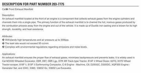 Caterpillar C9 Diesel Engine Exhaust Manifold For Sale Part # 203-7775