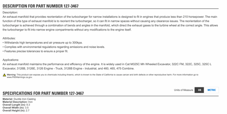 Caterpillar 3126 Diesel Engine Exhaust Manifold For Sale, End Exhaust Manifold Part # 127-3467 CAT -01-