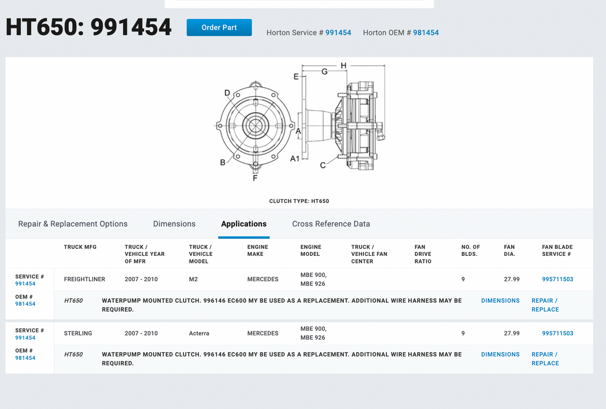 Mercedes MBE900 Horton Fan Clutch 991454 For Sale