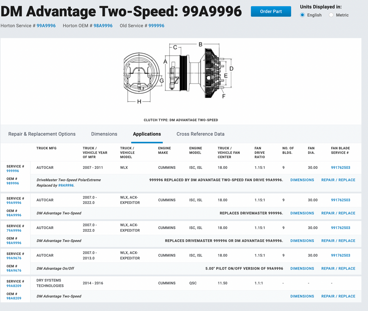 Cummins ISL9 Fan Clutch Part # 99A9996 For Sale, Horton Service # 99A9996