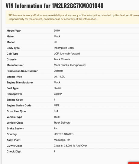 2019 Mack LR64 CAB, VIN: 1M2LR2GC7KM001040