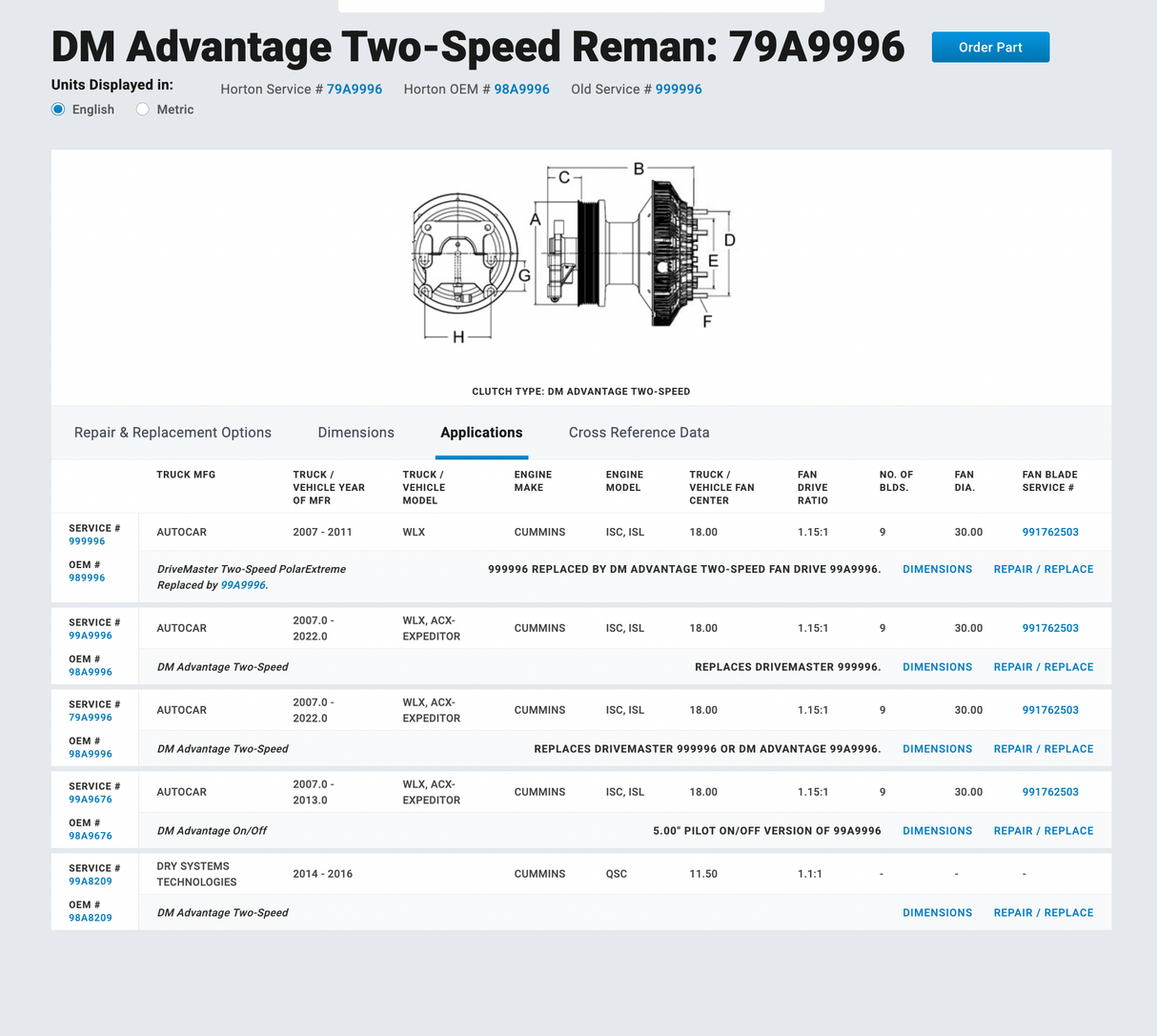 Cummins ISL9 Horton Fan Clutch P/N 98A9996, Pulley P/N 601536, Base P/N 601921