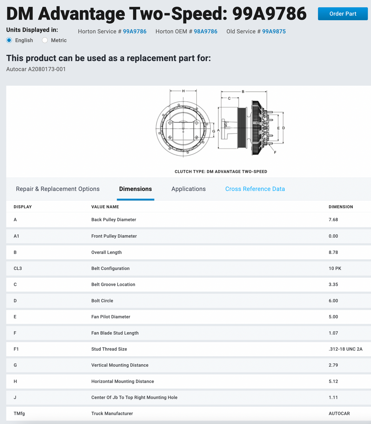 Cummins ISX 2-Speed Horton Fan Clutch Part # 98A9786, Pulley Part # 601904