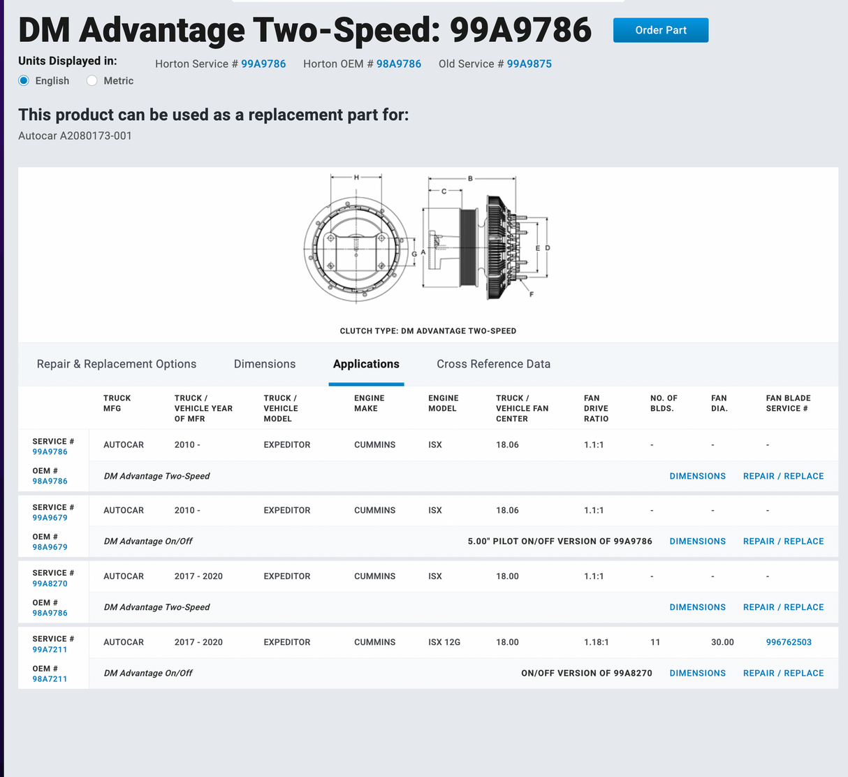 Cummins ISX 2-Speed Horton Fan Clutch Part # 98A9786, Pulley Part # 601904