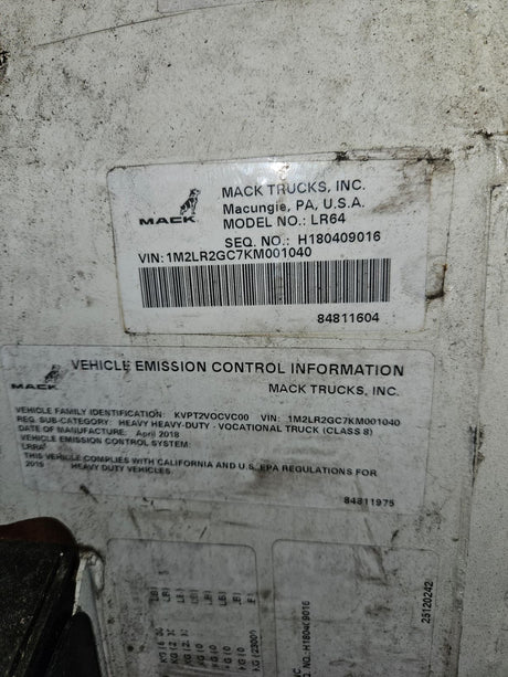 2019 Mack LR64 CAB, VIN: 1M2LR2GC7KM001040